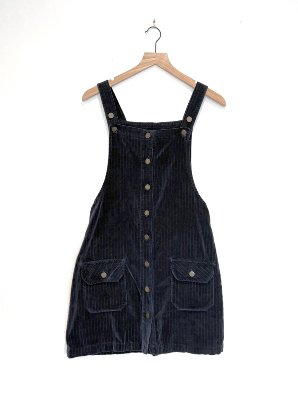 vtg velvet pinafore mini - deep blue pinstripe dress overall style brass snaps
